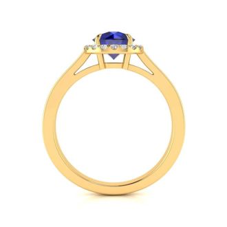 1 Carat Round Shape Sapphire and Halo Diamond Ring In 14 Karat Yellow Gold