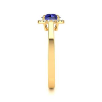 1 Carat Round Shape Sapphire and Halo Diamond Ring In 14 Karat Yellow Gold