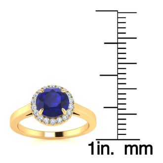 1 Carat Round Shape Sapphire and Halo Diamond Ring In 14 Karat Yellow Gold