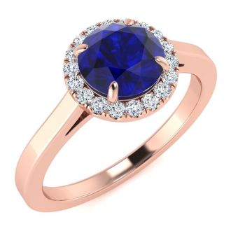 1 Carat Round Shape Sapphire and Halo Diamond Ring In 14 Karat Rose Gold