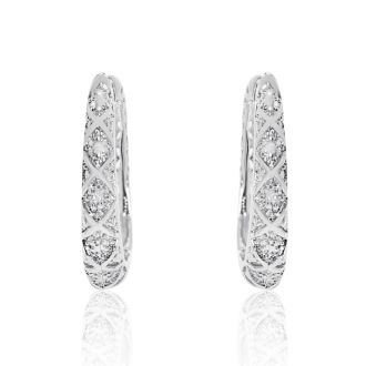 Delicately Embellished Diamond Hoop Earrings, Silver Overlay, 3/4 Inch