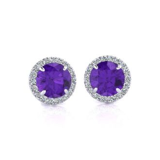 1 Carat Round Shape Amethyst and Halo Diamond Earrings In 14 Karat White Gold