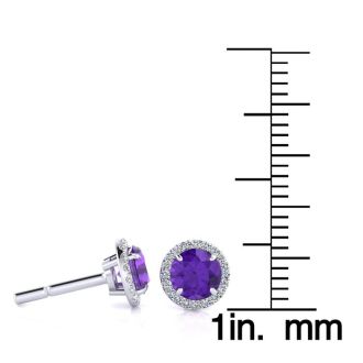 1 Carat Round Shape Amethyst and Halo Diamond Earrings In 14 Karat White Gold