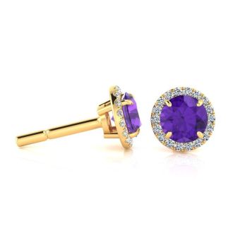 1 Carat Round Shape Amethyst and Halo Diamond Earrings In 14 Karat Yellow Gold