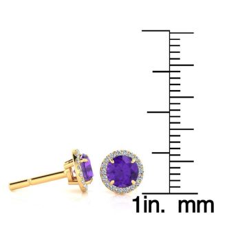 1 Carat Round Shape Amethyst and Halo Diamond Earrings In 14 Karat Yellow Gold