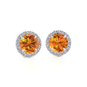 1 Carat Round Shape Citrine and Halo Diamond Earrings In 14 Karat White Gold