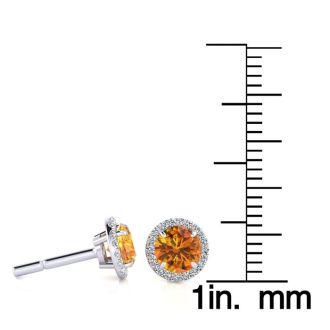 1 Carat Round Shape Citrine and Halo Diamond Earrings In 14 Karat White Gold