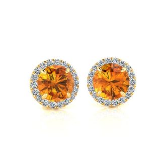 1 Carat Round Shape Citrine and Halo Diamond Earrings In 14 Karat Yellow Gold