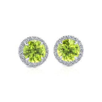 1 1/4 Carat Round Shape Peridot and Halo Diamond Earrings In 14 Karat White Gold