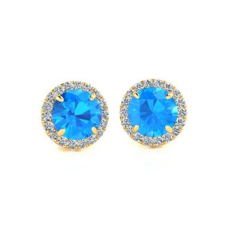 1 1/4 Carat Round Shape Blue Topaz and Halo Diamond Earrings In 14 Karat Yellow Gold