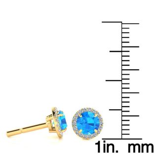 1 1/4 Carat Round Shape Blue Topaz and Halo Diamond Earrings In 14 Karat Yellow Gold
