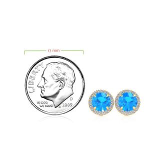 1 1/4 Carat Round Shape Blue Topaz and Halo Diamond Earrings In 14 Karat Yellow Gold