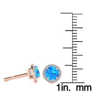 1 1/4 Carat Round Shape Blue Topaz and Halo Diamond Earrings In 14 Karat Rose Gold
