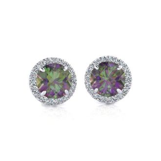1 Carat Round Shape Mystic Topaz and Halo Diamond Earrings In 14 Karat White Gold