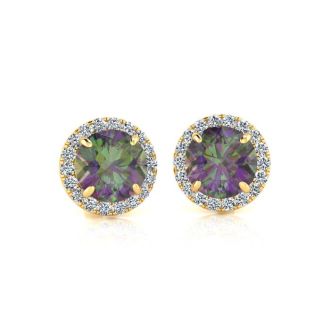 1 Carat Round Shape Mystic Topaz and Halo Diamond Earrings In 14 Karat Yellow Gold