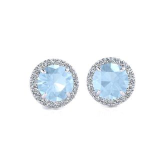 Aquamarine Earrings: Aquamarine Jewelry: 1 Carat Round Shape Aquamarine and Halo Diamond Earrings In 14 Karat White Gold