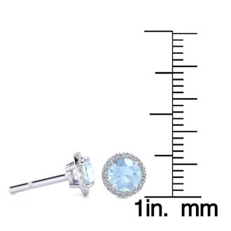 Aquamarine Earrings: Aquamarine Jewelry: 1 Carat Round Shape Aquamarine and Halo Diamond Earrings In 14 Karat White Gold