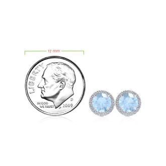 Aquamarine Earrings: Aquamarine Jewelry: 1 Carat Round Shape Aquamarine and Halo Diamond Earrings In 14 Karat White Gold