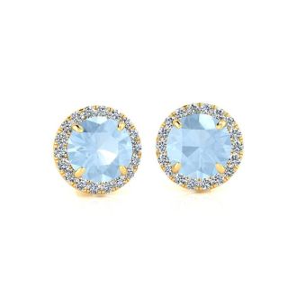 Aquamarine Earrings: Aquamarine Jewelry: 1 Carat Round Shape Aquamarine and Halo Diamond Earrings In 14 Karat Yellow Gold