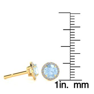 Aquamarine Earrings: Aquamarine Jewelry: 1 Carat Round Shape Aquamarine and Halo Diamond Earrings In 14 Karat Yellow Gold