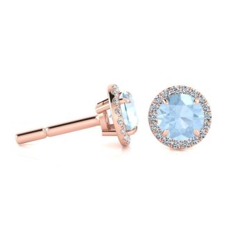 Aquamarine Earrings: Aquamarine Jewelry: 1 Carat Round Shape Aquamarine and Halo Diamond Earrings In 14 Karat Rose Gold