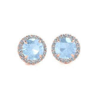 Aquamarine Earrings: Aquamarine Jewelry: 1 Carat Round Shape Aquamarine and Halo Diamond Earrings In 14 Karat Rose Gold
