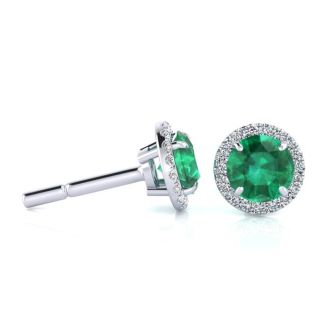 1 Carat Round Shape Emerald and Halo Diamond Earrings In 14 Karat White Gold