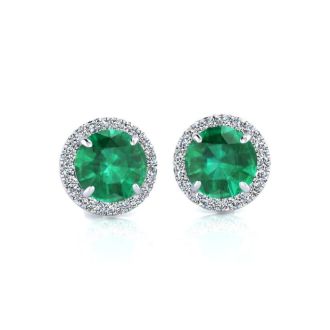 1 Carat Round Shape Emerald and Halo Diamond Earrings In 14 Karat White Gold
