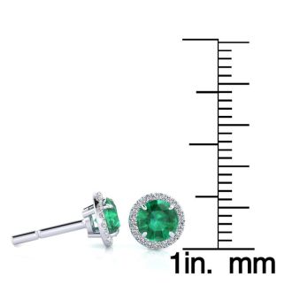 1 Carat Round Shape Emerald and Halo Diamond Earrings In 14 Karat White Gold