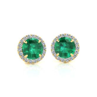 1 Carat Round Shape Emerald and Halo Diamond Earrings In 14 Karat Yellow Gold
