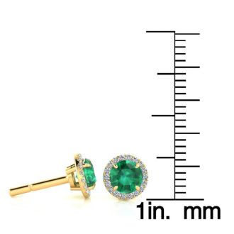 1 Carat Round Shape Emerald and Halo Diamond Earrings In 14 Karat Yellow Gold