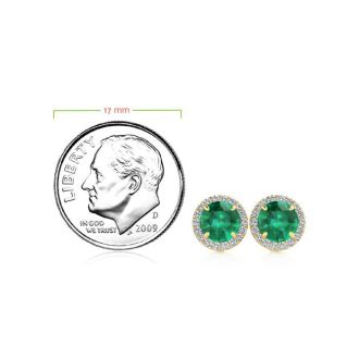 1 Carat Round Shape Emerald and Halo Diamond Earrings In 14 Karat Yellow Gold
