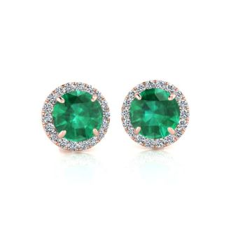 1 Carat Round Shape Emerald and Halo Diamond Earrings In 14 Karat Rose Gold