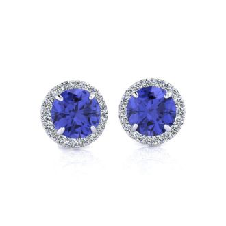 1 1/4 Carat Round Shape Tanzanite and Halo Diamond Earrings In 14 Karat White Gold