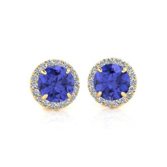 1 1/4 Carat Round Shape Tanzanite and Halo Diamond Earrings In 14 Karat Yellow Gold