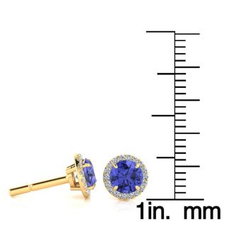 1 1/4 Carat Round Shape Tanzanite and Halo Diamond Earrings In 14 Karat Yellow Gold