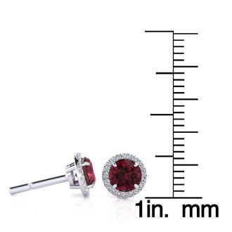 Garnet Earrings: Garnet Jewelry: 1 1/3 Carat Round Shape Garnet and Halo Diamond Earrings In 14 Karat White Gold