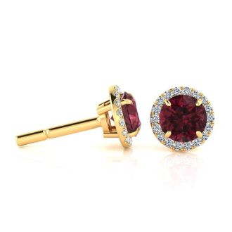 Garnet Earrings: Garnet Jewelry: 1 1/3 Carat Round Shape Garnet and Halo Diamond Earrings In 14 Karat Yellow Gold