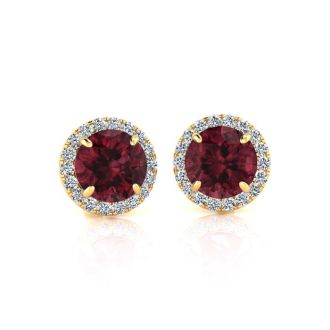 Garnet Earrings: Garnet Jewelry: 1 1/3 Carat Round Shape Garnet and Halo Diamond Earrings In 14 Karat Yellow Gold
