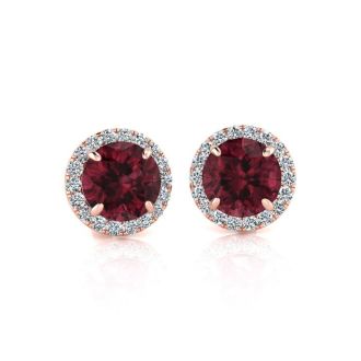 Garnet Earrings: Garnet Jewelry: 1 1/3 Carat Round Shape Garnet and Halo Diamond Earrings In 14 Karat Rose Gold
