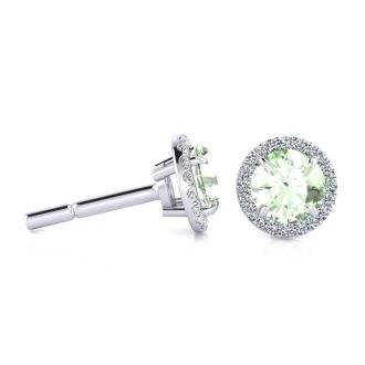1 Carat Round Shape Green Amethyst and Halo Diamond Earrings In 14 Karat White Gold