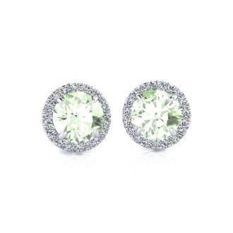 1 Carat Round Shape Green Amethyst and Halo Diamond Earrings In 14 Karat White Gold