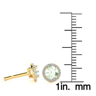 1 Carat Round Shape Green Amethyst and Halo Diamond Earrings In 14 Karat Yellow Gold