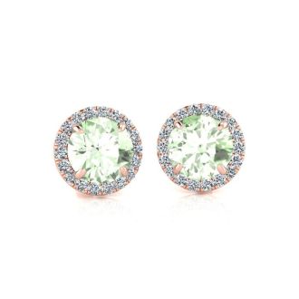 1 Carat Round Shape Green Amethyst and Halo Diamond Earrings In 14 Karat Rose Gold