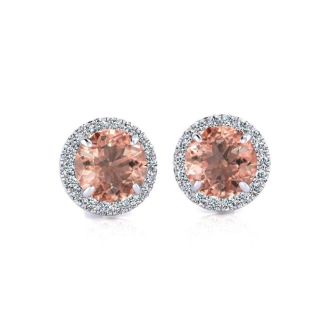 1 Carat Round Shape Morganite Earrings and Diamond Halo In 14 Karat White Gold