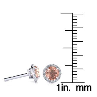 1 Carat Round Shape Morganite Earrings and Diamond Halo In 14 Karat White Gold