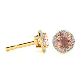 1 Carat Round Shape Morganite Earrings and Diamond Halo In 14 Karat Yellow Gold