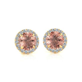 1 Carat Round Shape Morganite Earrings and Diamond Halo In 14 Karat Yellow Gold