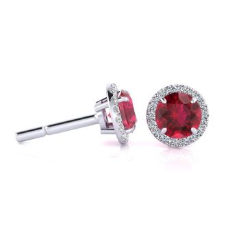 1 1/3 Carat Round Shape Ruby and Halo Diamond Earrings In 14 Karat White Gold
