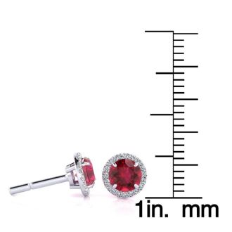 1 1/3 Carat Round Shape Ruby and Halo Diamond Earrings In 14 Karat White Gold